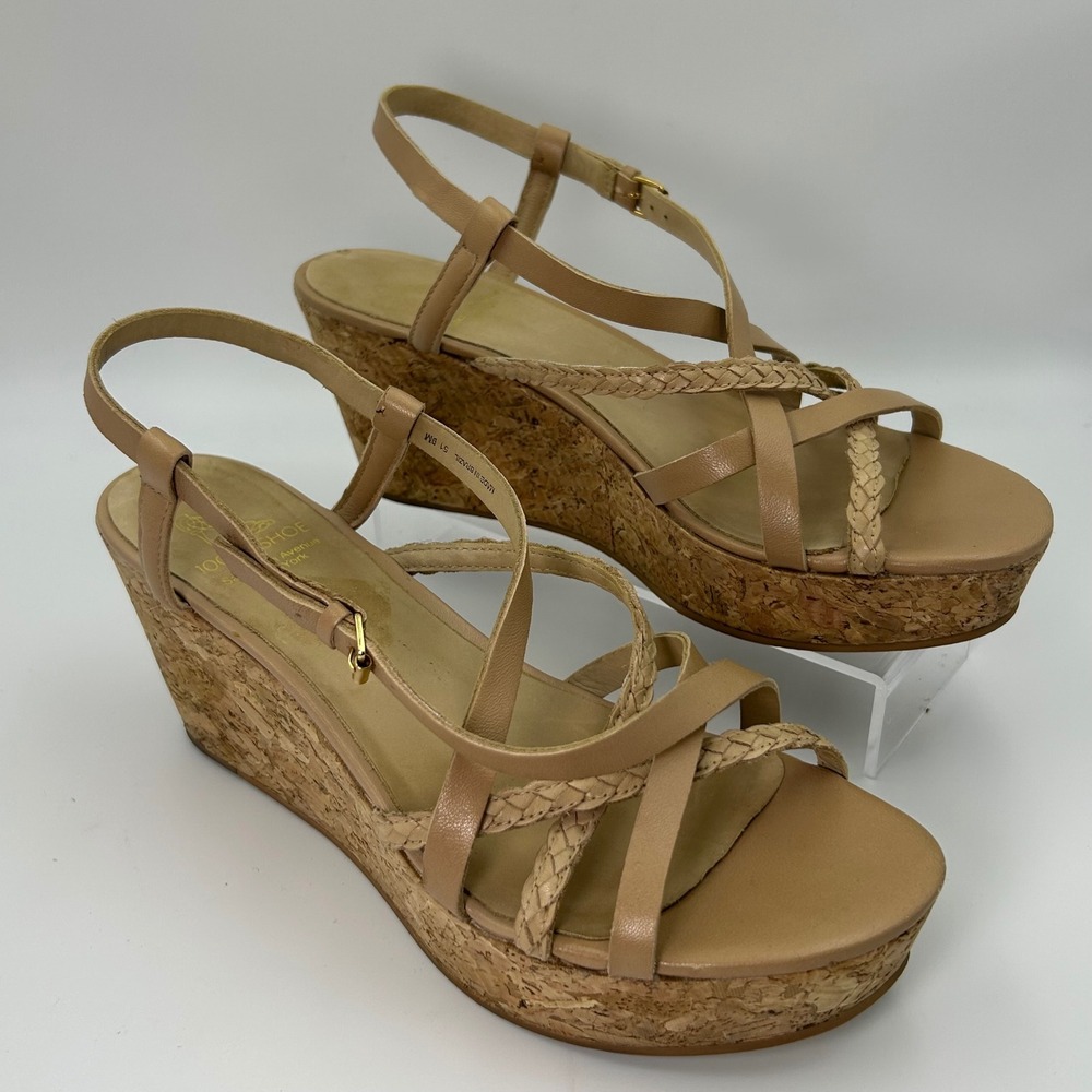 Saks Fifth Avenue 10022-SHOE Wedge Sandals Women 9 Tan Good Cork Strappy Braided